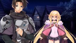  1boy 1girl armor atelier-moo barrel black_hair black_skirt blonde_hair blush breast_rest breasts bush choker cloak closed_mouth collarbone cowboy_shot cropped_jacket curtained_hair elf embarrassed flat_chest fur-trimmed_cloak fur_trim game_cg gem green_eyes highres jacket layered_sleeves leotard long_hair long_pointy_ears long_sleeves low-tied_sidelocks low_twintails microskirt night non-web_source oma_(our_battle_has_just_begun!) open_hands our_battle_has_just_begun! pink_jacket pleated_skirt pointy_ears purple_choker purple_cloak raised_inner_eyebrows short_hair short_over_long_sleeves short_sleeves shoulder_armor sidelocks skirt sky solo spiky_hair standing star_(sky) synsya thighs tree twintails very_long_hair village white_leotard wide_sleeves wooden_horse 