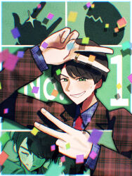  1boy aoi_(user_kvxs5583) black_hair blue_shirt border brown_jacket confetti double_v green_background green_eyes highres jacket male_focus necktie no.1_sentai_gozyuger parted_lips red_necktie shirt short_hair smile solo super_sentai takehara_kinjiro upper_body v white_border 