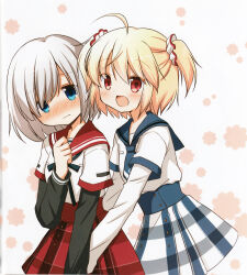  2girls absurdres ahoge ayano_rika blonde_hair blue_eyes blue_sailor_collar blue_skirt blush chuo_academy_school_uniform flower grey_hair hair_ornament hair_over_one_eye hand_on_own_chest highres hug hug_from_behind isuzu_ren kamihama_university_affiliated_school_uniform long_sleeves magia_record:_mahou_shoujo_madoka_magica_gaiden mahou_shoujo_madoka_magica multiple_girls non-web_source open_mouth oumi_neneha red_eyes red_sailor_collar red_skirt sailor_collar scan school_uniform self-scan short_hair short_twintails skirt smile twintails white_background 