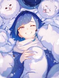  1girl absurdres alternate_costume aran_sweater blue_hair cable_knit commentary_request dog flower_hairpin grey_eyes grin hair_intakes highres licking licking_another's_face lying multiple_dogs on_back on_ground one_eye_closed parted_bangs scarf smile snow snowing solo surrounded sweater tsubu_(kappunioyu562) tsumugi_kokage upper_body virtual_youtuber vspo! white_scarf 