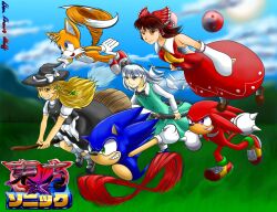  3boys 3girls absurdres blonde_hair blue_eyes blue_sky broom broom_riding brown_eyes brown_hair crossover dress flying ghost gloves gohei grass green_eyes hakurei_reimu hat highres holding holding_gohei holding_sword holding_weapon japanese_clothes kirisame_marisa knuckles_the_echidna konpaku_youmu konpaku_youmu_(ghost) logo miko multiple_boys multiple_girls old_signature orb outdated_author_signature running simple_background sky sonic_(series) sonic_the_hedgehog spiked_gloves sword tails_(sonic) touhou violet_eyes weapon wheelerfortune white_gloves white_hair witch witch_hat yellow_eyes yin_yang yin_yang_orb 
