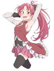  1girl absurdres armpits blush bow eitopondo fang gloves hair_bow highres long_hair mahou_shoujo_madoka_magica mahou_shoujo_madoka_magica_(anime) pink_skirt ponytail red_eyes red_hair sakura_kyoko sakura_kyoko_(magical_girl) skindentation skirt sleeveless smile thigh-highs white_gloves 