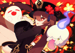  1girl absurdres black_hat boo_tao_(genshin_impact) brown_hair commentary_request crossover eyelashes fang flower genshin_impact ghost hair_between_eyes hat highres hu_tao_(genshin_impact) litwick long_hair long_sleeves open_mouth outstretched_arms plum_blossoms pokemon pokemon_(creature) red_background red_eyes tongue tongue_out u_tei zombie_pose 