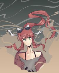  alternate_costume black-framed_eyewear brown_hair closed_mouth commentary doki_doki_literature_club earrings english_commentary eyelashes eyewear_on_head floating_hair green_eyes grey_shirt hair_ribbon highres jacket jewelry laphurus long_hair looking_at_viewer monika_(doki_doki_literature_club) open_clothes open_jacket ponytail ribbon sandstorm shirt sidelocks solo suna_no_wakusei_(vocaloid) sunglasses twitter_username upper_body white_ribbon 