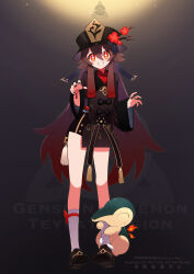  1girl absurdres black_hat brown_hair claw_pose commentary_request copyright_name crossover cyndaquil flower genshin_impact grin hair_between_eyes hat highres hu_tao_(genshin_impact) long_hair plum_blossoms poke_ball poke_ball_(basic) pokemon pokemon_(creature) smile socks u_tei white_socks 