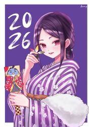  1girl 2026 absurdres artist_name black_hair commentary english_commentary facepaint floral_print floral_print_kimono folded_ponytail hagoita hane_(hanetsuki) highres japanese_clothes jjum_pp kimi_no_koto_ga_dai_dai_dai_dai_daisuki_na_100-nin_no_kanojo kimono light_blush long_sleeves looking_at_viewer medium_hair morikita_kimari new_year obi open_mouth paddle parted_bangs pentarou_(hyakkano) print_kimono purple_background red_eyes sash simple_background smile solo striped_clothes striped_kimono wide_sleeves 