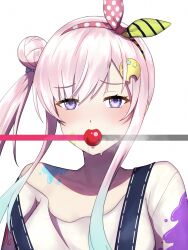  1girl airani_iofifteen ball_gag ball_gag_progress_bar_(meme) blue_hair blush breasts gag gradient_hair hair_bun hair_ornament hairband highres hololive hololive_indonesia long_hair long_sidelocks looking_at_viewer meme multicolored_hair noa00003 paint_on_body paint_splatter palette_hair_ornament pink_hair progress_bar side_ponytail sidelocks smile solo violet_eyes virtual_youtuber 