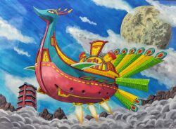  above_clouds aircraft airship blue_sky building clouds commentary_request highres mizutani_kenta moon no_humans outdoors sky tengai_makyou tengai_makyou_zero vehicle_focus 