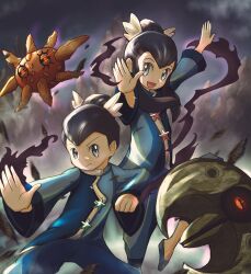  1boy 1girl :d black_hair blue_pants blue_shirt blue_shoes bo_(bouillustration) brother_and_sister clenched_hand closed_mouth commentary_request eyelashes grey_eyes hair_bun hair_ribbon liza_(pokemon) long_hair long_sleeves lunatone matching_outfits open_mouth pants pokemon pokemon_(creature) pokemon_oras ribbon shirt shoes short_hair siblings sidelocks single_hair_bun smile solrock standing standing_on_one_leg star_(symbol) tate_(pokemon) twins v-shaped_eyebrows white_ribbon 