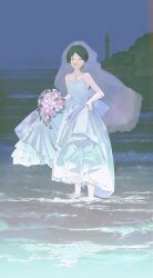  1girl ^_^ absurdres beach black_hair bouquet bridal_veil closed_eyes clothes_lift cross cross_necklace dress dress_lift fuura_kafuka highres holding holding_bouquet jewelry necklace open_mouth sayonara_zetsubou_sensei short_hair sleeveless sleeveless_dress smile solo veil wedding_dress white_dress yuishironeko 