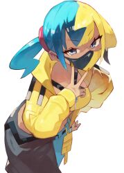  1girl absurdres aqua_hair aqua_pants bandeau black_hair black_pants blonde_hair canari_(pokemon) cropped_jacket dark-skinned_female dark_skin eyelashes gara_(qbeuxvii22) highres jacket leaning_forward looking_at_viewer mask mouth_mask multicolored_hair open_clothes open_jacket pants pokemon pokemon_legends:_z-a short_hair solo split-color_clothes twintails two-tone_pants v white_background yellow_bandeau yellow_jacket 