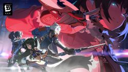  1boy 3girls absurdres android animal_ears black_hair car cat_boy cat_ears copyright_logo copyright_name glowing glowing_eyes green_eyes green_hair gun highres holding holding_baton_(weapon) holding_gun holding_knife holding_shield holding_weapon jane_doe_(zenless_zone_zero) key_visual knife logo motor_vehicle mouse_girl multicolored_hair multiple_girls official_art orange_eyes orange_streaks police police_car police_uniform policeman policewoman ponytail promotional_art qingyi_(zenless_zone_zero) seth_lowell shield streaked_hair tail third-party_source three_section_staff twintails violet_eyes weapon white_hair zenless_zone_zero zhu_yuan 