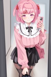  1girl absurdres alternate_costume bag belt black_belt black_ribbon black_skirt blush breasts cellphone closed_mouth collared_shirt commentary doki_doki_literature_club ear_piercing eyelashes fang fingernails grey_thighhighs hair_intakes hair_ribbon handbag heart highres holding holding_phone jirai_kei kakigorimaru long_sleeves mirror_selfie nail_polish natsuki_(doki_doki_literature_club) neck_ribbon phone piercing pink_bag pink_eyes pink_hair pink_shirt red_nails red_ribbon ribbon selfie shirt short_hair skirt smartphone smile solo thigh-highs two_side_up zettai_ryouiki 