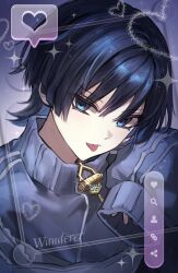  1boy :p apron black_hair blue_eyes blue_hair blunt_ends chain character_name colored_inner_hair commentary empty_eyes frilled_apron frills full-length_zipper genshin_impact glint gold grey_apron grey_sleeves grey_suit hand_up heart highres looking_at_viewer magnifying_glass male_focus multicolored_hair portrait scaramouche_(genshin_impact) sleeves_past_fingers sleeves_past_wrists solo sparkle suit symbol-only_commentary talking_ok tongue tongue_out track_suit tsurime viewfinder wanderer_(genshin_impact) white_trim wispy_bangs zipper 