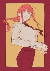  1girl black_necktie braid chainsaw_man closed_mouth dress_shirt highres long_hair makima_(chainsaw_man) mim_(mimya0600) necktie orange_eyes orange_theme pale_skin red_hair shirt sidelocks solo 