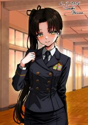  1girl alternate_costume artist_name ayanami_(kancolle) black_jacket black_necktie black_skirt brown_hair buttons collared_shirt dated double-breasted dress_shirt hallway highres hisama_tomoki jacket kantai_collection long_hair military_uniform necktie one-hour_drawing_challenge pencil_skirt shirt side_ponytail skirt solo white_shirt yellow_eyes 