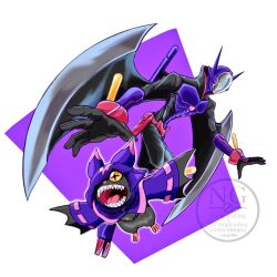  1boy armor bat_(animal) black_bodysuit bodysuit chiropmon cross-shaped_pupils digimon digimon_(creature) digimon_beatbreak evolutionary_line full_body helmet male_focus nightchiropmon open_mouth purple_armor purple_background purple_helmet sharp_teeth simple_background symbol-shaped_pupils teeth vgz083 watermark white_background wings yellow_eyes 