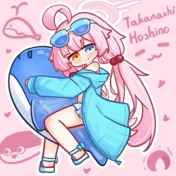  1girl ahoge bare_shoulders bikini blue-tinted_eyewear blue_archive blue_eyes blue_jacket blush character_name chibi chinese_commentary closed_mouth commentary_request deformed dotted_line eyewear_on_head frilled_bikini frills full_body hair_bobbles hair_ornament halo heart heterochromia hoshino_(blue_archive) hugging_object inflatable_toy jacket long_hair long_sleeves looking_at_viewer low_twintails nuansede_kekeya off_shoulder open_clothes open_jacket pink_background pink_hair puffy_long_sleeves puffy_sleeves sandals sleeves_past_wrists smile solo sunglasses swimsuit tinted_eyewear twintails very_long_hair white-framed_eyewear white_bikini yellow_eyes 