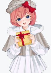  1girl absurdres alternate_costume blue_eyes blush bow box commentary doki_doki_literature_club dress english_commentary eyelashes fingernails gift gift_box grey_hat grey_jacket hair_bow hat highres holding holding_box holding_gift jacket kakigorimaru long_sleeves open_mouth pink_hair red_bow sayori_(doki_doki_literature_club) short_hair simple_background smile solo teeth upper_teeth_only white_background white_dress 