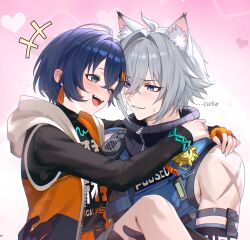  1boy 1girl absurdres ahoge animal_ears bare_shoulders belle_(zenless_zone_zero) blue_hair blush carrying carrying_person cat_boy cat_ears couple english_commentary english_text gradient_background green_eyes heart highres hood hood_down laughing one_eye_closed police police_uniform scar seth_lowell signature violet_eyes white_hair white_hood white_kojinak zenless_zone_zero 