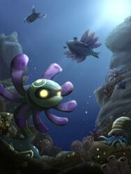  air_bubble animal_focus anorith bo_(bouillustration) bubble claws commentary_request coral cradily glowing glowing_eyes highres lileep no_humans omanyte pokemon pokemon_(creature) pokemon_focus sunlight tentacles tirtouga underwater yellow_eyes 