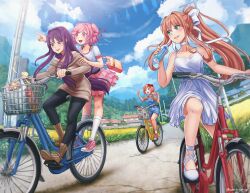  4girls aqua_eyes bag bare_shoulders bicycle_basket bird black_pants blue_overalls blue_sky blush boots bottle bow brown_boots brown_hair casual cellphone chips_(food) choker clenched_hand clouds commentary day denim denim_overalls doki_doki_literature_club dress english_commentary flock food frilled_skirt frills grass green_eyes grey_sweater hair_bow hair_intakes hair_ornament hair_ribbon hairclip hand_on_another's_arm handbag heart highres holding holding_bottle holding_hpone house kneehgish long_hair long_sleeves monika_(doki_doki_literature_club) multiple_girls natsuki_(doki_doki_literature_club) off-shoulder_sweater off_shoulder official_alternate_costume open_mouth outdoors overall_shorts overalls pants phone pink_bag pink_eyes pink_shoes pink_skirt pointing ponytail purple_hair red_bow red_ribbon red_shoes ribbon riding_bike road sayori_(doki_doki_literature_club) shirt shoes shopping_bag short_hair short_sleeves sidelocks skirt sky smartphone smile socks striped_clothes striped_shirt summer sweatdrop sweater teeth tree two_side_up upper_teeth_only violet_eyes water_bottle white_choker white_dress white_ribbon white_shirt white_shoes white_socks wintrydrop yuri_(doki_doki_literature_club) 