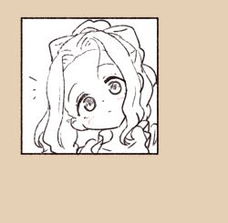  1girl blush bow brown_background closed_mouth dot_nose forehead greyscale_with_colored_background hair_bow head_tilt inset_border long_hair looking_at_viewer notice_lines olto_rondo original raised_eyebrows sketch solo tareme 