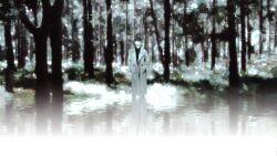  1boy bloom censored censored_identity day facing_viewer forest full_body highres kim_dokja male_focus nature omniscient_reader's_viewpoint outdoors ripples snowing solo standing tix_0314 wading 