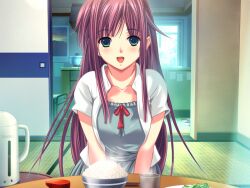  1girl :d bowl breasts chopsticks game_cg green_eyes indoors long_hair looking_at_viewer m&amp;m_(mickey_and_mackey) natsukami open_clothes open_mouth open_shirt pov_across_table red_hair rice rice_bowl shirt sitting smile takasato_nanase tatami white_shirt 