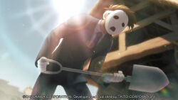  atelier-moo backlighting bent_over blurry blurry_background brown_hair collared_shirt company_name copyright_notice cowboy_shot day from_below game_cg gloves grey_pants grey_suit hamet_valory holding holding_shovel jacket long_sleeves mask necktie non-web_source pants purple_necktie shirt short_hair shovel sky solo standing suit suit_jacket sun white_gloves white_mask white_shirt wooden_house yuukyuu_gensoukyoku yuukyuu_gensoukyoku_revival 