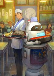  1girl 1other 2boys absurdres alcohol black_pants chopsticks commentary_request cup desk food hat highres holding holding_chopsticks holding_tray indoors jacket looking_at_viewer male_focus multiple_boys multiple_girls mushroom non-humanoid_robot noodles original pants restaurant robot shrimp shrimp_tempura tempura tray utaka_(anyoanyot) white_hat white_jacket 