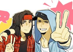 2boys arm_around_shoulder baseball_cap black_hair black_hat black_shirt blue_jacket blush brown_eyes closed_mouth contemporary enopth1102 grin hat headband hood hood_up hooded_jacket jacket kung_lao liu_kang long_hair looking_at_viewer male_focus medium_hair mortal_kombat mortal_kombat_(series) multiple_boys open_clothes open_shirt red_headband red_shirt shirt smile sweatdrop undershirt v white_shirt wristband