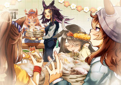  5girls absurdres ahoge animal_ears beanie black_hair black_ribbon blue_eyes blue_jacket blue_pants blue_shirt blue_vest blush breasts brown_hair bubble_gum_fellow_(casual)_(umamusume) bubble_gum_fellow_(umamusume) chamo_(ch22226) chopsticks closed_eyes closed_mouth collarbone denim denim_jacket ear_ornament ear_tag earrings ears_through_headwear eating el_condor_pasa_(casual)_(umamusume) el_condor_pasa_(umamusume) fenomeno_(casual)_(umamusume) fenomeno_(umamusume) flipped_hair food frilled_shirt frills grey_hat hair_between_eyes hair_ornament hat highres holding holding_chopsticks hood hooded_sweater hoodie horse_ears horse_girl horse_tail jacket jewelry long_bangs long_hair long_hair_between_eyes long_sleeves manhattan_cafe_(casual)_(umamusume) manhattan_cafe_(umamusume) multicolored_hair multiple_girls nakayama_festa_(casual)_(umamusume) nakayama_festa_(umamusume) neck_ribbon necklace noodles open_clothes open_jacket open_mouth pants ponytail purple_hair ribbon shirt short_sleeves shrimp shrimp_tempura single_earring smile steaming_food streaked_hair striped_clothes striped_headwear sweater tail teeth tempura umamusume upper_teeth_only vertical-striped_clothes vertical-striped_headwear vest violet_eyes white_hair white_hoodie white_shirt wristband yellow_shirt 