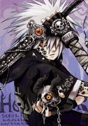  1boy angry animal_skull bandaged_arm bandages black_gloves black_hoodie black_nails facial_mark fingerless_gloves gloves hair_over_eyes highres holding holding_skull holding_sword holding_weapon hood hood_down hoodie looking_at_viewer male_focus nu_punxxxz orange_eyes original purple_background short_sleeves skull skull_and_crossbones skull_print solo spiky_hair sword weapon white_hair 