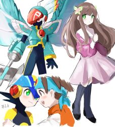  1girl 2boys arm_blade armor axe blue_bodysuit blue_headband blue_helmet blunt_bangs blush bodysuit bow brothers brown_eyes brown_hair butterfly_hair_ornament cosplay double_soul_(mega_man) dress falzar_(mega_man) full_body green_armor green_eyes green_helmet green_wings hair_ornament headband helmet iris.exe_(mega_man) lan_hikari_(mega_man) long_hair long_sleeves looking_at_viewer mask mega_man_(series) mega_man_battle_network_(series) mega_man_battle_network_6 megaman.exe mouth_mask multiple_boys netnavi open_mouth orange_vest puffy_sleeves red_eyes red_helmet rokuroku551 shirt short_hair shoulder_armor siblings sidelocks simple_background skirt slit_pupils smile solo spiky_hair standing tomahawkman.exe tomahawkman.exe_(cosplay) twins very_long_hair vest weapon white_background white_shirt wings 