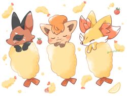  blush closed_eyes commentary_request fang fennekin food fox fruit kana_(maple926) nickit no_humans orange_(fruit) pokemon pokemon_(creature) pokemon_focus shrimp simple_background sleeping sleeping_bag smile tatsugiri tatsugiri_(curly) tomato twitter_username vulpix white_background 