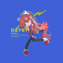  1girl artist_name black_thighhighs blazer blue_background blue_skirt brown_hair character_name closed_mouth collared_shirt commentary_request doki_doki_literature_club doki_doki_literature_club_school_uniform dot_nose full_body green_eyes grey_jacket hair_ribbon head_rest highres jacket jep5e long_hair long_sleeves looking_at_viewer monika_(doki_doki_literature_club) neck_ribbon ponytail reaching reaching_towards_viewer red_ribbon ribbon school_uniform shirt shoes sidelocks simple_background skirt smile solo thigh-highs very_long_hair white_ribbon white_shirt white_shoes 