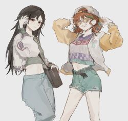  2girls arms_up backwards_hat bag belt black_belt black_eyes black_hair blue_pants blue_shorts blue_streaks breasts commentary_request cowboy_shot crop_top crossbody_bag floral_print green_shirt green_streaks hand_up hands_on_headwear hat headphones heart heart-shaped_eyewear highres identity_v jacket korean_commentary lily_barriere lily_barriere_(oph.lily) lipstick long_hair long_sleeves looking_at_viewer low_twintails makeup medium_breasts medium_hair multicolored_hair multiple_girls navel orange_hair pants qi_shiyi qi_shiyi_(oph.qi) shirt short_twintails shorts small_breasts smeared_lipstick smile streaked_hair tangtuktak tinted_eyewear twintails white_jacket white_shirt wispy_bangs yellow-tinted_eyewear 