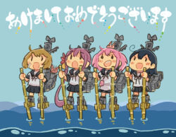  4girls ahoge akebono_(kancolle) akeome animal_on_head bamboo_stilts bandaid bandaid_on_face black_eyes black_sailor_collar black_skirt blue_sky crab happy_new_year kantai_collection machinery multiple_girls oboro_(kancolle) on_head open_mouth pink_hair pleated_skirt pun purple_hair rabbit rabbit_on_head saiguchi_otoufu sailor_collar sailor_shirt sazanami_(kancolle) sazanami_kai_(kancolle) shirt short_hair side_ponytail skirt sky smile stilts twintails ushio_(kancolle) ventilation_shaft water 