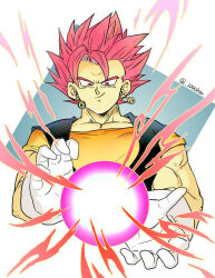  1boy dragon_ball dragon_ball_super earrings energy_ball gloves jewelry male_focus muscular muscular_male pectoral_cleavage pectorals potara_earrings senka-san smile solo super_saiyan super_saiyan_god upper_body v-shaped_eyebrows vegetto white_gloves 