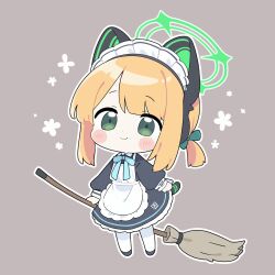  1girl animal_ear_headphones animal_ears apron aqua_ribbon black_dress black_shoes blonde_hair blue_archive blush_stickers borrowed_clothes bow cat_ear_headphones cat_ears cat_tail chibi chibi_only closed_mouth collared_dress commentary contrast_collar dot_nose dress english_commentary fake_animal_ears fake_tail frilled_apron frilled_dress frills full_body green_bow green_eyes green_halo grey_background hair_bow halo headphones highres holding holding_mop long_sleeves looking_at_viewer maid maid_apron maid_headdress midori_(blue_archive) midori_(maid)_(blue_archive) millennium_science_school_logo mop neck_ribbon number_print official_alternate_costume official_alternate_hairstyle outline pantyhose parted_bangs ponytail puffy_long_sleeves puffy_sleeves ribbon shoes short_hair short_ponytail sidelocks simple_background smile solo tail torimew white_apron white_headdress white_outline white_pantyhose 