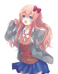  1girl alternate_hair_length alternate_hairstyle blue_eyes blue_sky blush bow collared_shirt commentary_request cowboy_shot doki_doki_literature_club doki_doki_literature_club_school_uniform eyelashes grey_jacket hair_between_eyes hair_bow hands_in_own_hair highres jacket long_hair long_sleeves mixed-language_commentary muno_beam neck_ribbon open_clothes open_jacket open_mouth orange_sweater_vest orange_vest pink_hair red_bow red_ribbon ribbon sayori_(doki_doki_literature_club) school_uniform shirt simple_background sky smile solo sweater_vest vest white_background white_shirt 