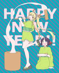  2girls alternate_costume ayak blonde_hair blue_eyes elma_(maidragon) food full_body hair_ornament hammer happy_new_year highres holding holding_hammer horns japanese_clothes kine kobayashi-san_chi_no_maidragon long_hair looking_at_another looking_at_viewer maid_headdress mallet mochi mochitsuki monster_girl multiple_girls obi open_mouth purple_hair red_eyes sandals sash short_hair sitting standing teeth tohru_(maidragon) upper_teeth_only 