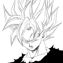  1boy 1rasutotoukou absurdres close-up dragon_ball dragon_ball_z greyscale highres lineart male_focus medium_hair monochrome muscular muscular_male serious shirt simple_background solo son_goku spiky_hair super_saiyan super_saiyan_1 torn_clothes torn_shirt white_background 