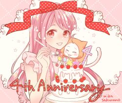  1girl absurdres ahoge animal animal_on_shoulder anniversary argyle_border artist_name balloon bare_arms bare_shoulders bead_necklace beads border bow bowtie brown_eyes cake cat cat_on_shoulder cloak clothed_animal collared_shirt commentary_request dot_nose ear_covers eyelashes floral_print flower flower_necklace food fork frilled_shirt frilled_shirt_collar frills fruit grin highres holding holding_fork holding_plate hood hood_up hooded_cloak jewelry lipstick long_hair long_sidelocks makeup miksakurano miracle_nikki momo_(nikki) necklace nikki_(nikki) nikki_(series) number_candle official_art pink_border pink_bow pink_bowtie pink_flower pink_hair pink_lips pink_rose pink_shirt plate print_shirt rose rose_print second-party_source shirt sidelocks sleeveless sleeveless_shirt smile star_(symbol) strawberry tareme upper_body very_long_hair wavy_hair whiskers white_background white_cat yellow_cloak 