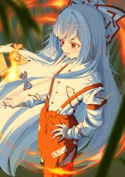  1girl absurdres bamboo bamboo_forest blush bow burnt_clothes buttons collared_shirt commentary cowboy_shot fire floating_hair forest fujiwara_no_mokou hair_bow hand_on_own_hip hand_up highres juliet_sleeves long_hair long_sleeves looking_to_the_side low_ponytail mayou940114 nature ofuda ofuda_on_clothes open_mouth outdoors pants ponytail puffy_long_sleeves puffy_sleeves pyrokinesis red_eyes red_pants shirt sidelocks smile solo standing suspenders teeth torn_clothes torn_pants torn_shirt touhou very_long_hair white_bow white_hair white_shirt 