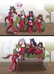  4girls ? animal_ears blue_eyes blue_hair blunt_bangs blush bottle bow braid braided_hair_rings breasts brown_hair brown_hat buena_vista_(umamusume) checkered_hairband closed_eyes couch ear_bow ear_covers ear_ornament exhausted gentildonna_(umamusume) gold_ship_(umamusume) grey_hair hair_between_eyes hair_ornament hair_rings hairband hat heart-shaped_ornament heart_ear_ornament highres holding holding_bottle horse_ears horse_girl horse_tail jacket long_hair medium_breasts medium_hair multicolored_hair multiple_girls on_couch open_mouth pants pillbox_hat plant potted_plant red_eyes red_jacket red_track_suit single_ear_cover sitting speech_bubble spit_take spitting sso_hungny strong sweat tail tracen_training_uniform track_jacket track_pants track_suit umamusume verxina_(umamusume) violet_eyes water water_bottle 