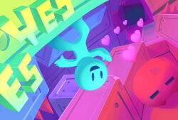  1other :d aqua_skin artist_request captain_viridian colored_skin colorful crate english_commentary english_text floating floating_object full_body hallway heart legs_apart official_art open_mouth perspective red_skin second-party_source shadow smile solid_oval_eyes spikes standing upside-down vanishing_point vvvvvv yes 