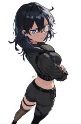  1girl absurdres ass black_hair blue_eyes breasts commission fat_ass highres horns huge_ass large_breasts long_hair non-web_source original shirt solo standing tail thick_butt thick_hips thick_legs thick_thighs thigh-highs thighs tsuicaa 