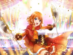  1girl axe battle_axe brown_corset brown_gloves confetti corset dual_wielding ebisu_tsukasa game_cg gloves holding holding_axe jacket long_sleeves looking_at_viewer official_art open_mouth orange_hair orange_jacket orange_skirt outstretched_arms red_scarf scarf short_hair shoujo_kageki_revue_starlight shoujo_kageki_revue_starlight_-re_live- skirt solo stage_lights standing upper_body violet_eyes wavy_hair weapon 